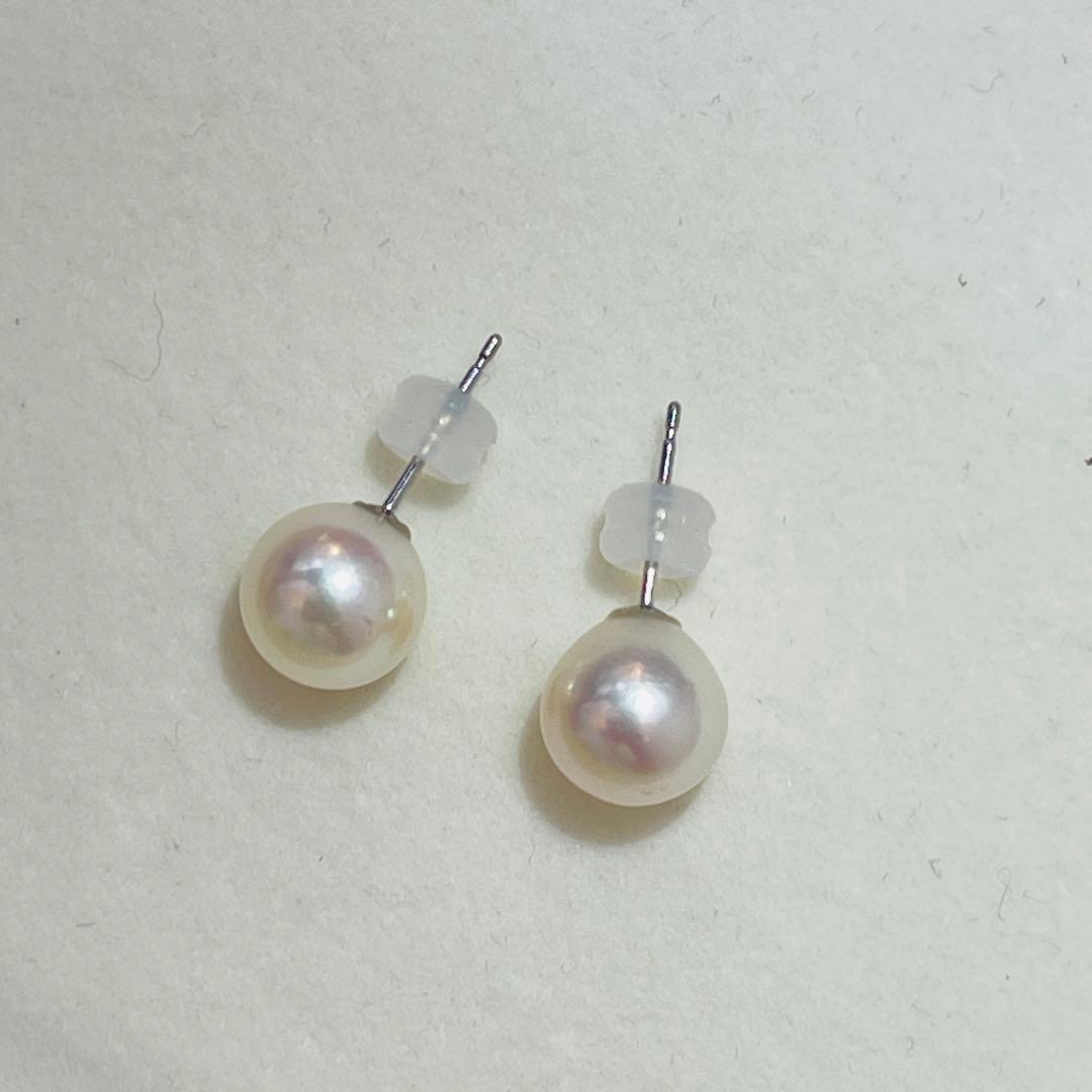 PT900 あこやパールピアス 特選本真珠 花珠 9mm ピンクホワイト系少大粒