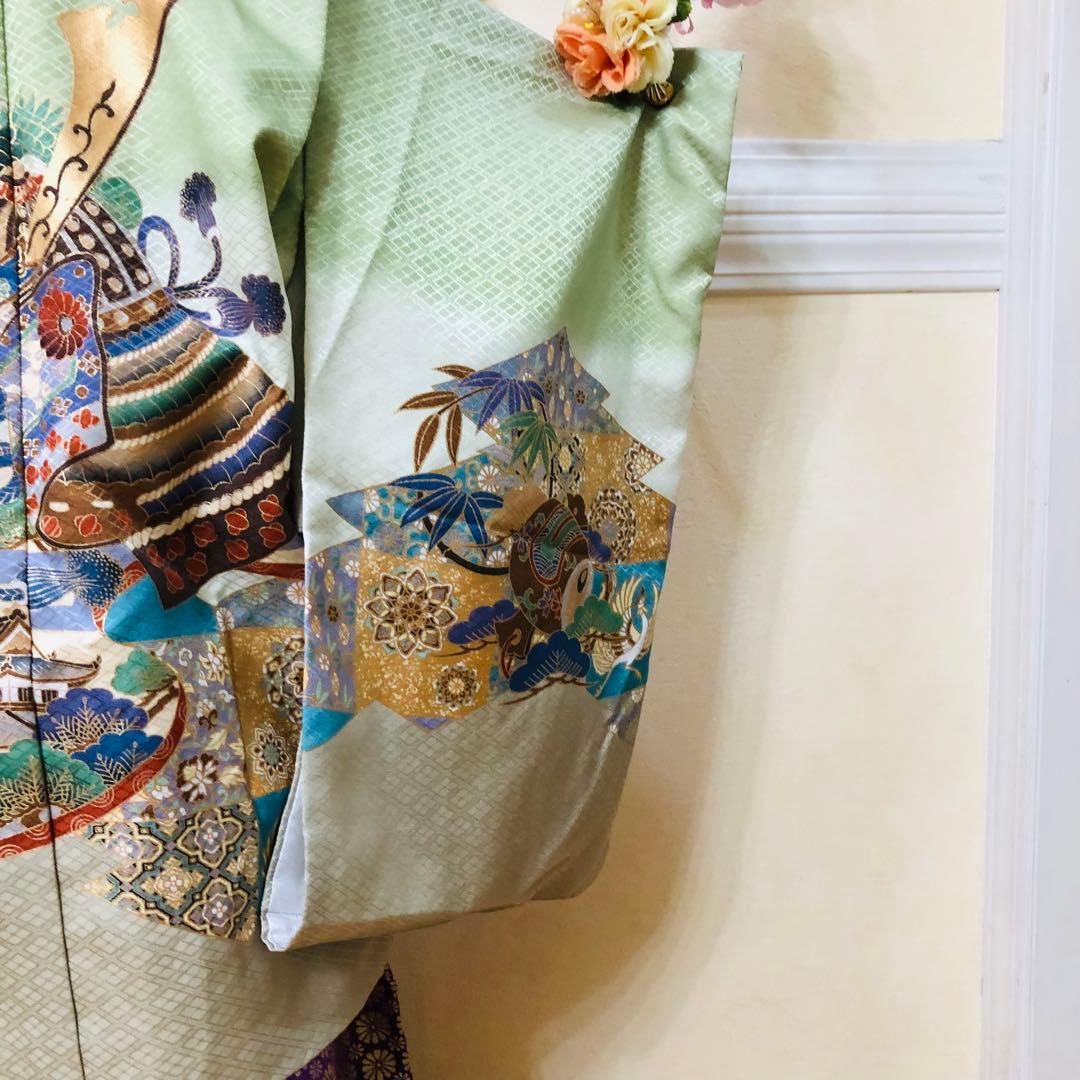 七五三着物五歳‼️完全フルセット‼️グリーン系1番人気柄兜⭐︎金蘭袴豪華際立つ秀品