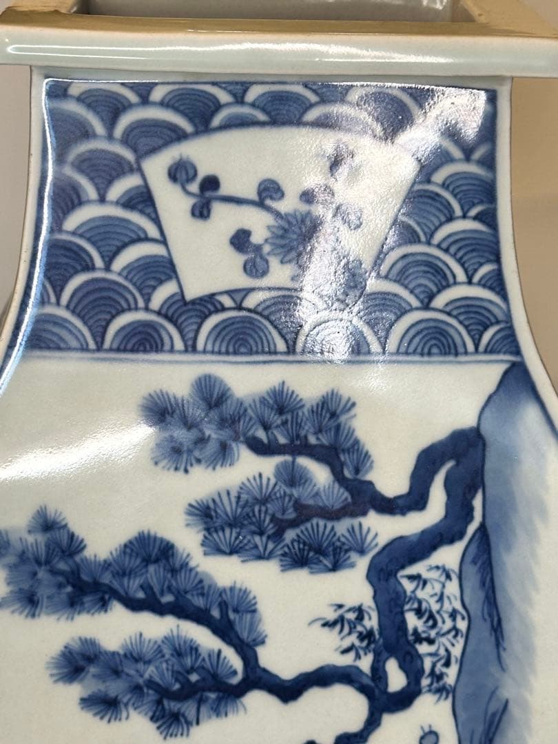 清時代 中国大清康熙年製 四方青花染付 双獅子耳花瓶 人物風景詩文 骨董品