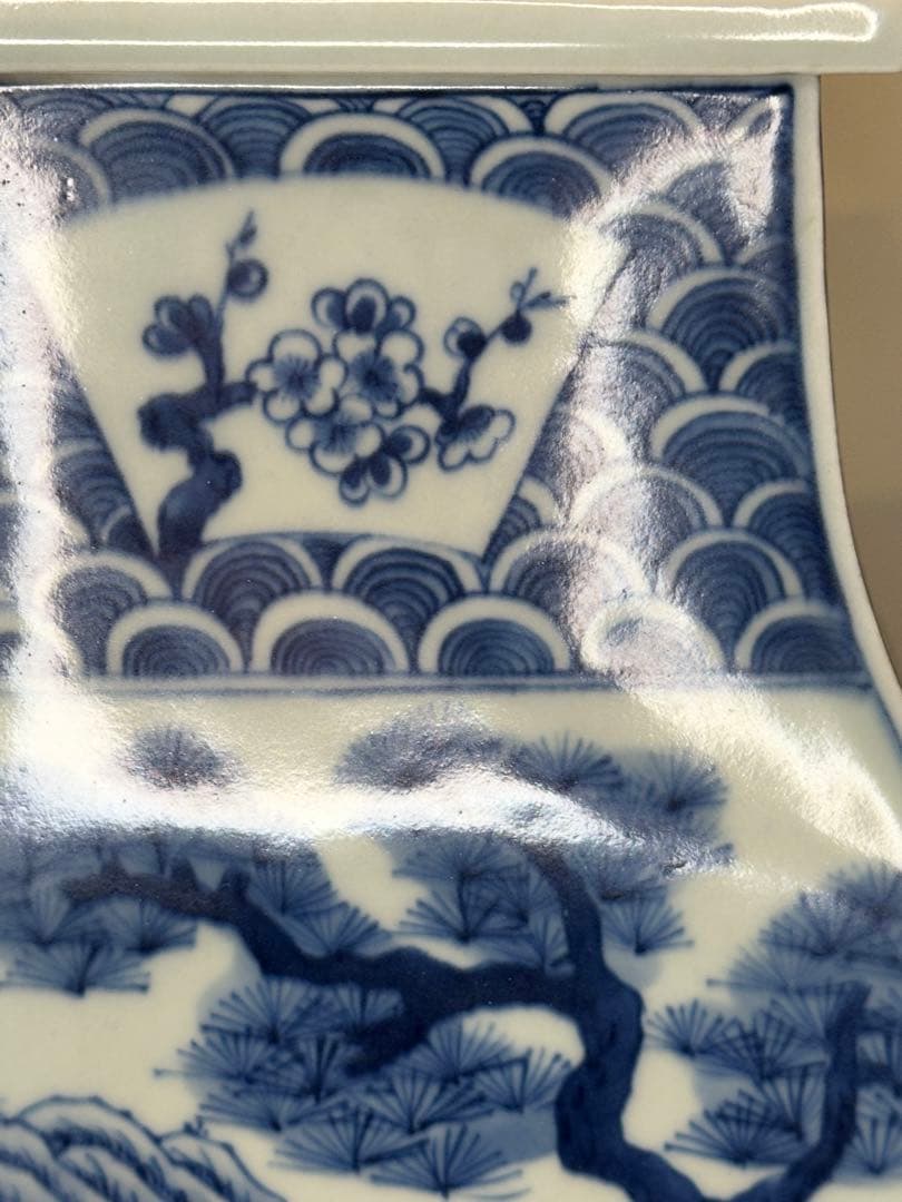 清時代 中国大清康熙年製 四方青花染付 双獅子耳花瓶 人物風景詩文 骨董品