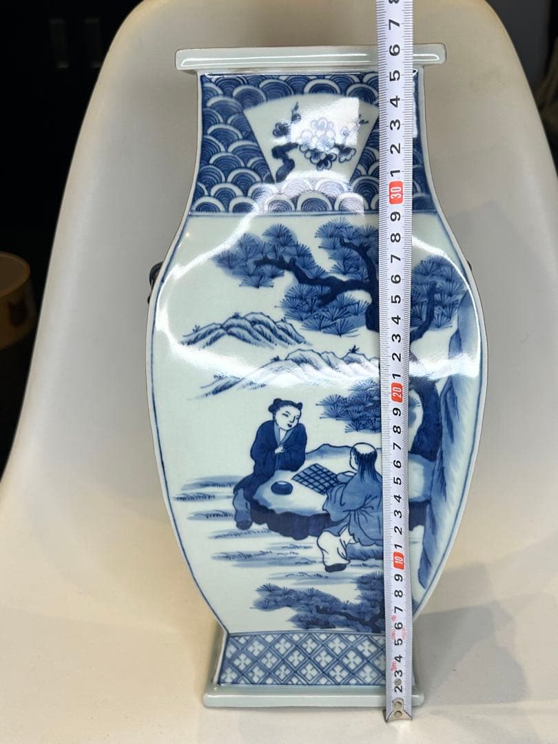 清時代 中国大清康熙年製 四方青花染付 双獅子耳花瓶 人物風景詩文 骨董品