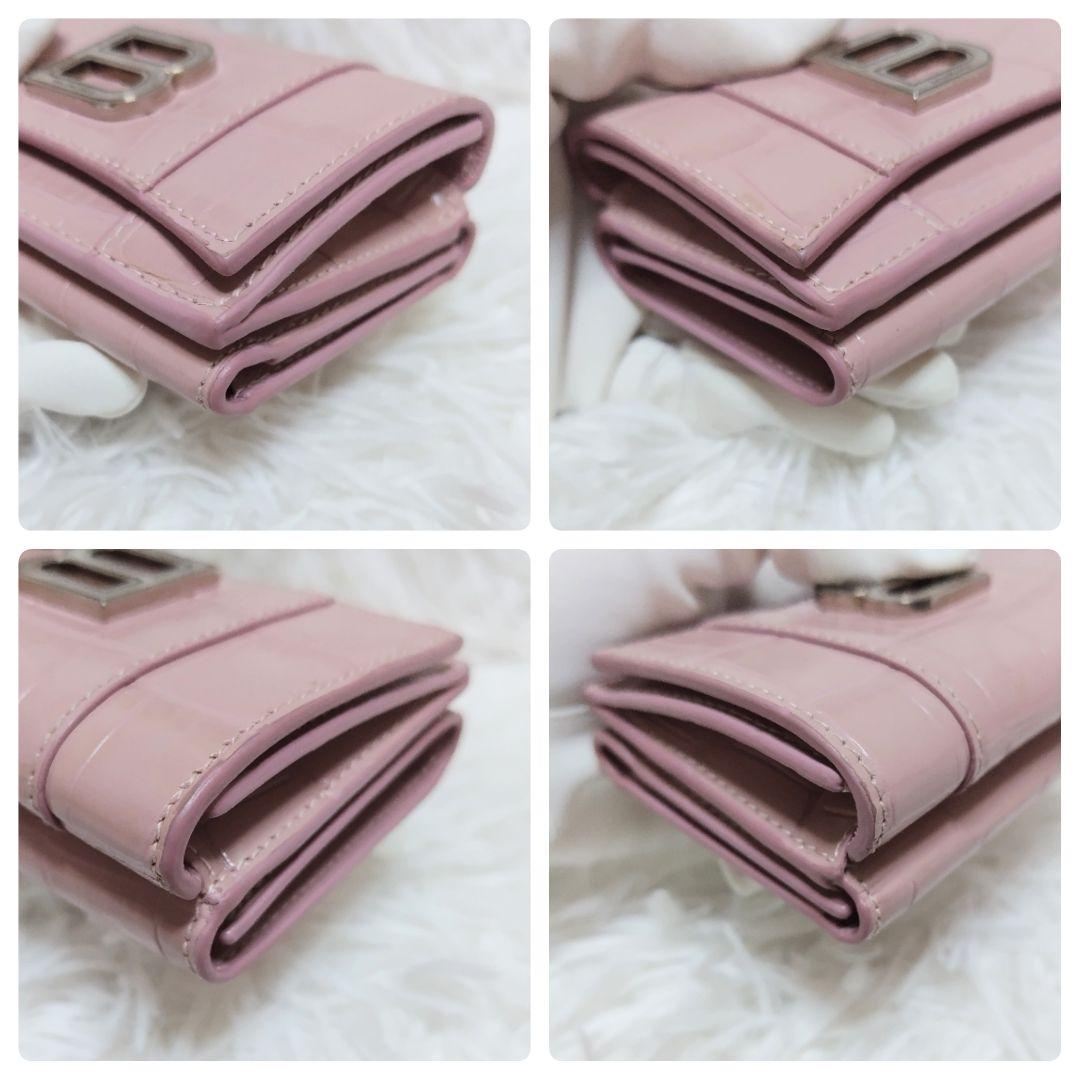 レア美品✨バレンシアガ◇アワーグラスクロコ型押し三つ折り財布　銀金具くすみピンク
