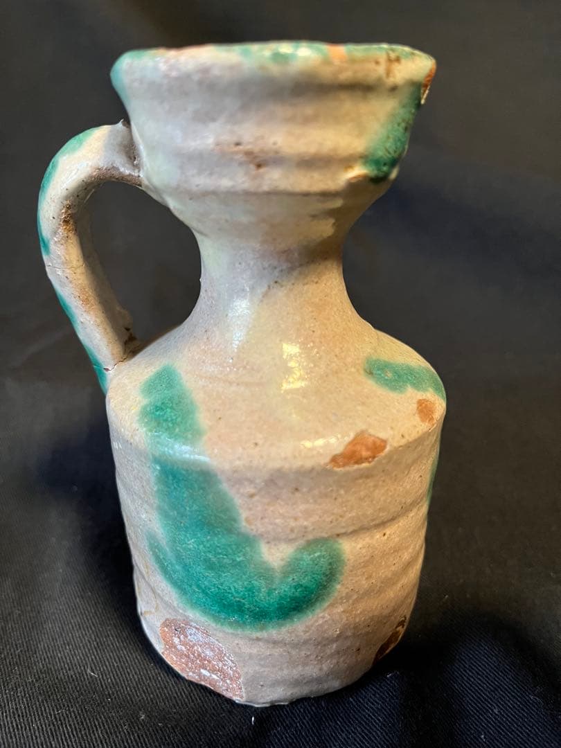 レア！スペイン、グラナダ焼のビネガー入れ。アラブの影響の緑釉がいい 19C推定。