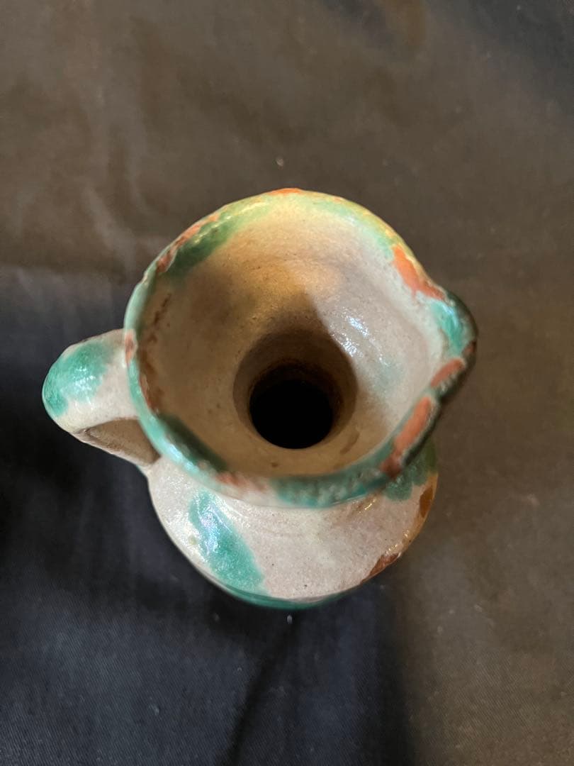 レア！スペイン、グラナダ焼のビネガー入れ。アラブの影響の緑釉がいい 19C推定。