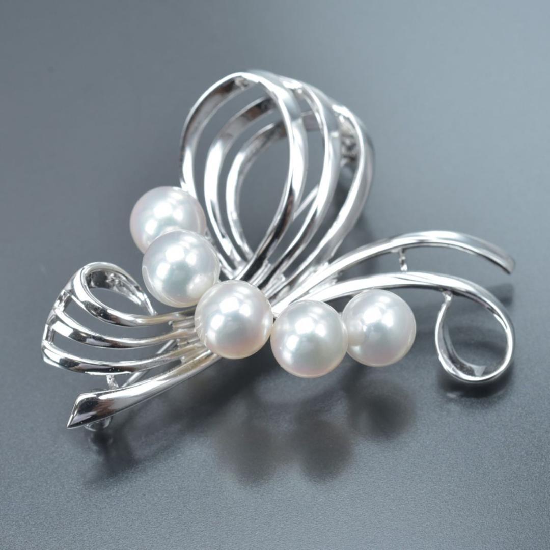 美品 ミキモト アコヤ真珠 ブローチ SV リボン 曲線 パール約6.9mm箱付