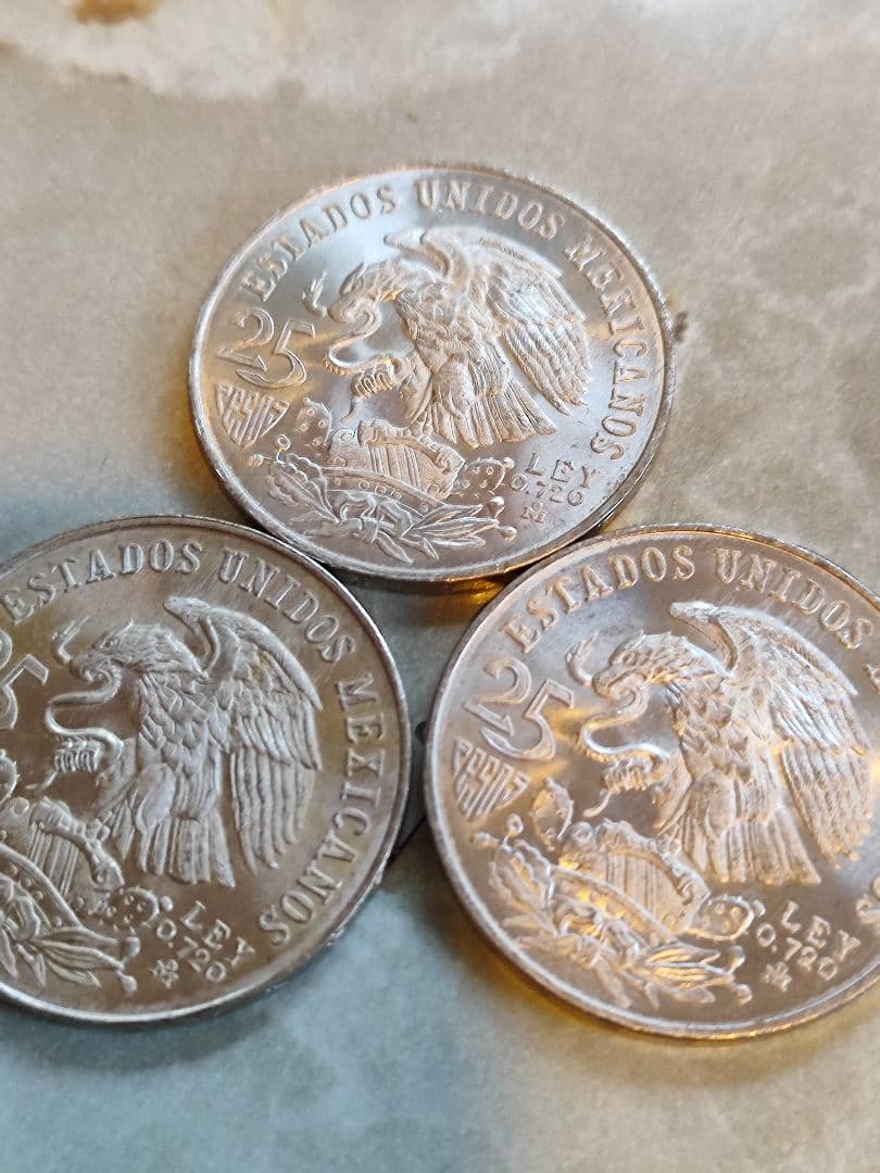 1968年メキシコオリンピック記念25ペソ銀貨　三枚　保存状態　良