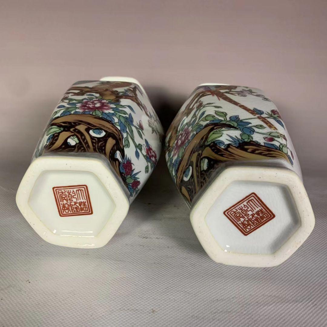 レトロなー陶磁器 ピンクの富貴な花鳥の六角花瓶 アクセサリー 置物 磁器