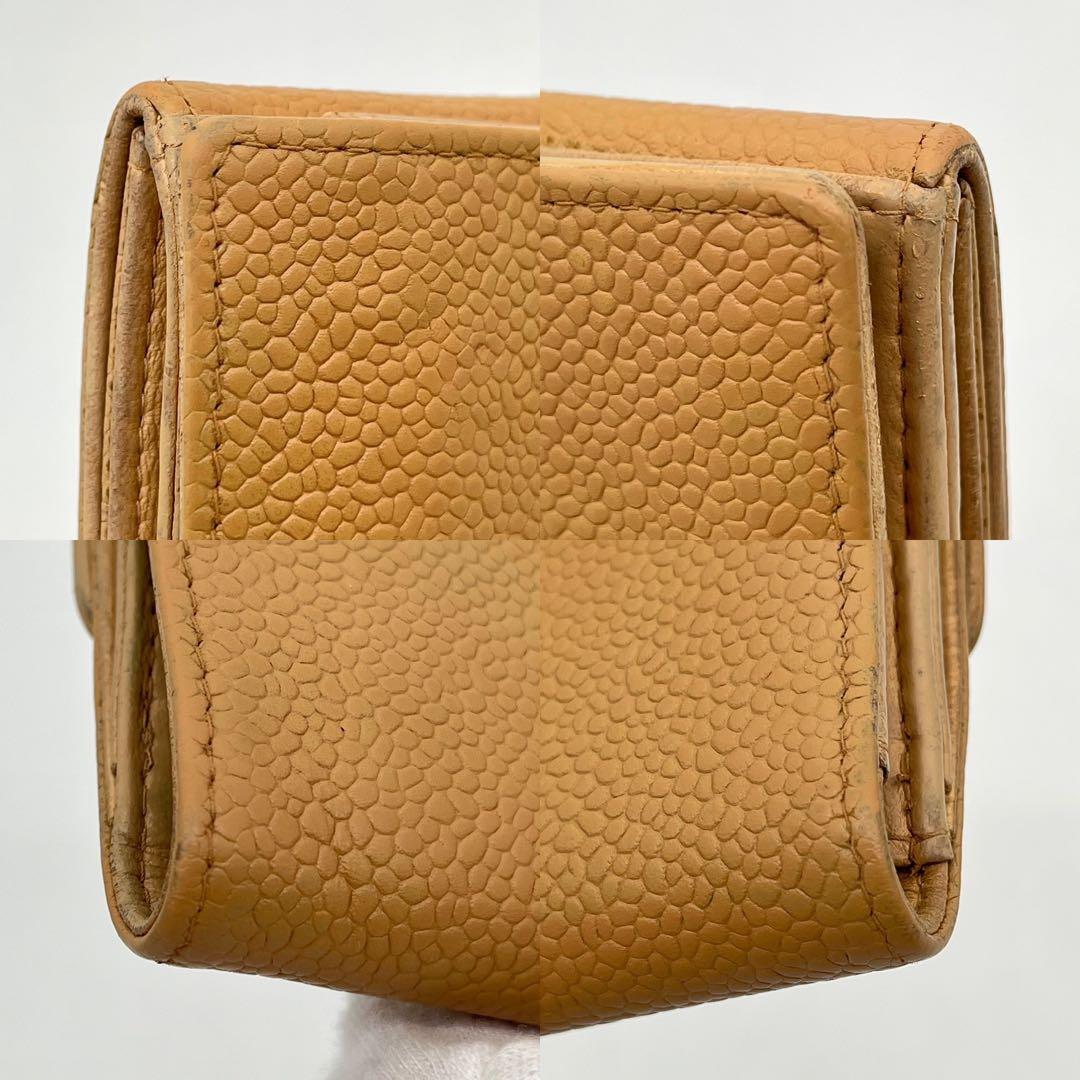 シャネル 二つ折り財布 ココマーク キャビアスキン Wホック レザー ベージュ