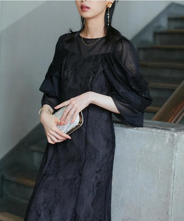 ルイルエブティック レースオフショル・マーメイドフレアワンピースドレス 黒結婚式