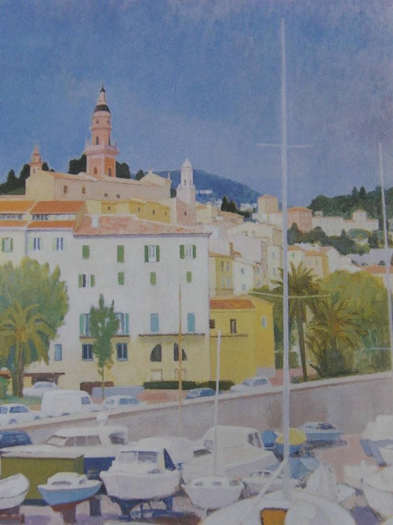 大附晋、【地中海の港町】、希少な額装用画集より、新品額装付