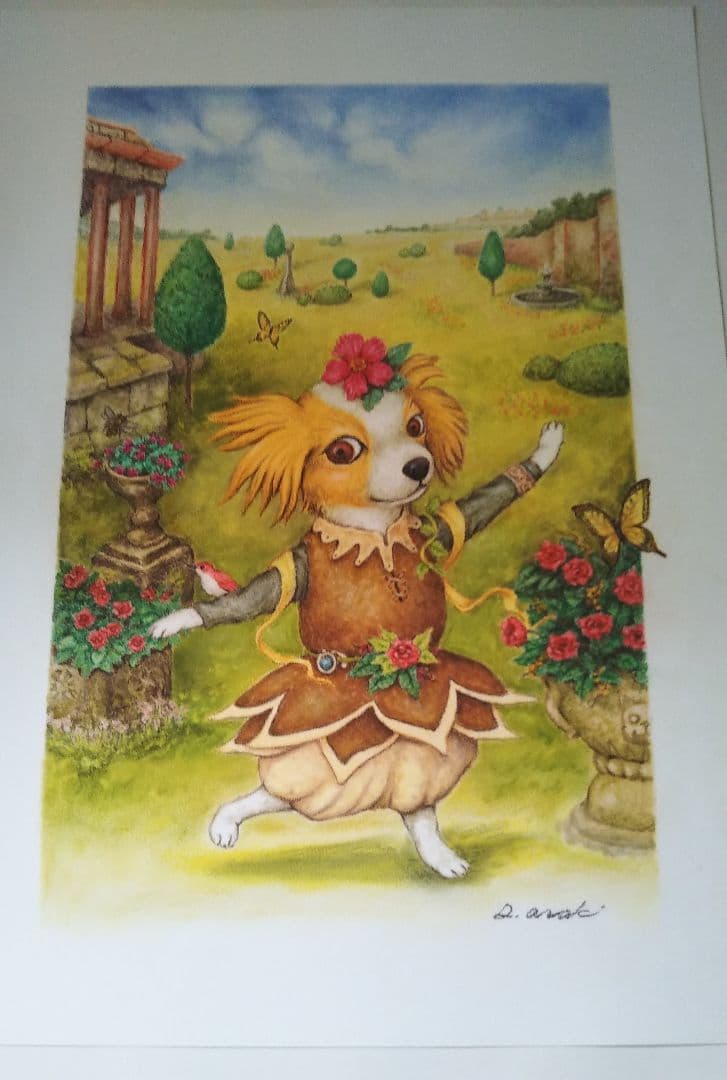 ✨【原画】『庭園でダンス』（絵画　パステル画　パピヨン　植物画　動物画　犬の絵）