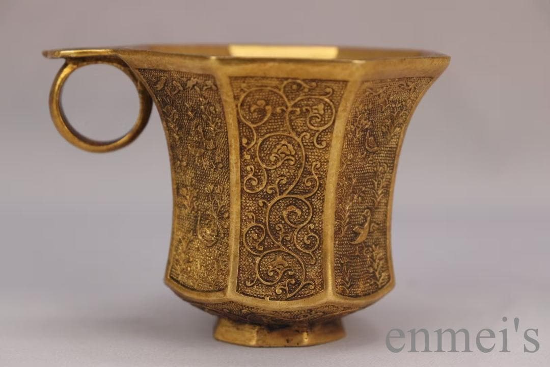 中国古美術 旧蔵 唐代 大唐貞觀款 鍍金銅酒杯 精銅製 鍍金 文房雅器 酒具