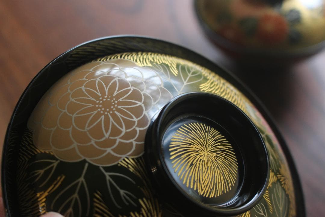 専用！上質黒漆に極上菊詰沈金蒔絵のお椀3点（検輪島塗蒔絵椀雑煮椀
