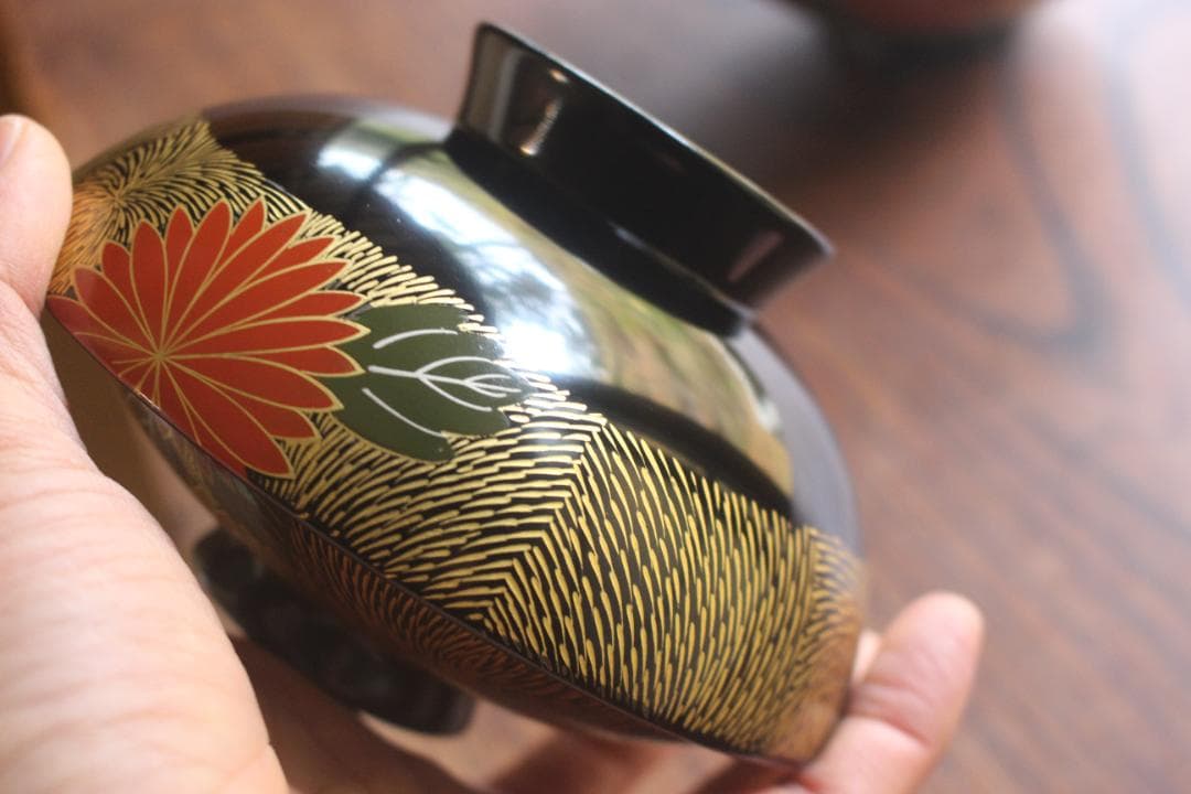 専用！上質黒漆に極上菊詰沈金蒔絵のお椀3点（検輪島塗蒔絵椀雑煮椀