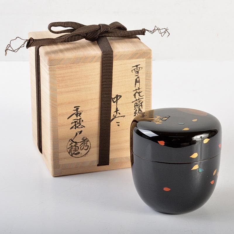 茶道具　平安　熊谷秀穂作　雪月花蒔絵　螺鈿装飾　黒内朱　中棗　共箱　V　6306