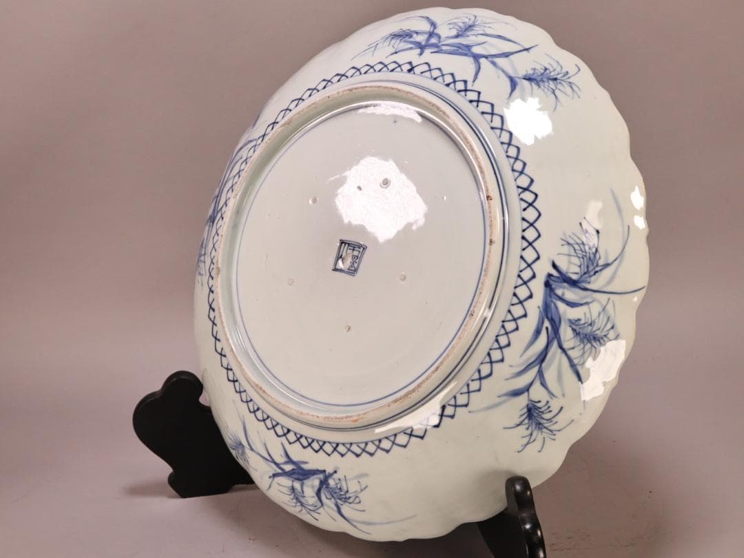 BK265　江戸期　古伊万里　古染付鹿文　大皿　49㎝　二重角福　1尺6寸