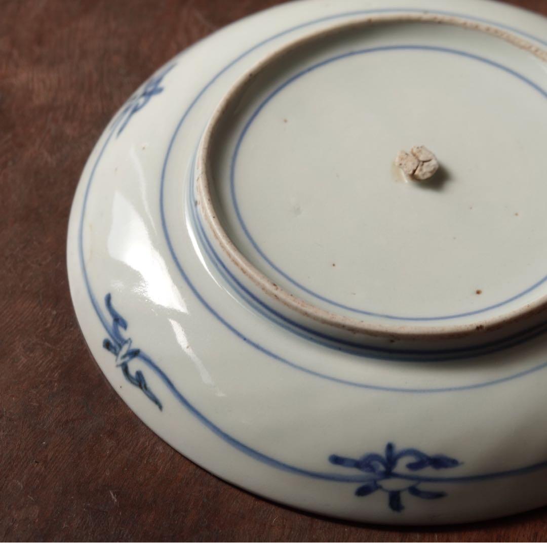 江戸時代　前期　古伊万里　藍九谷　染付　葡萄文　漢詩　皿　五寸皿　飾皿　額皿