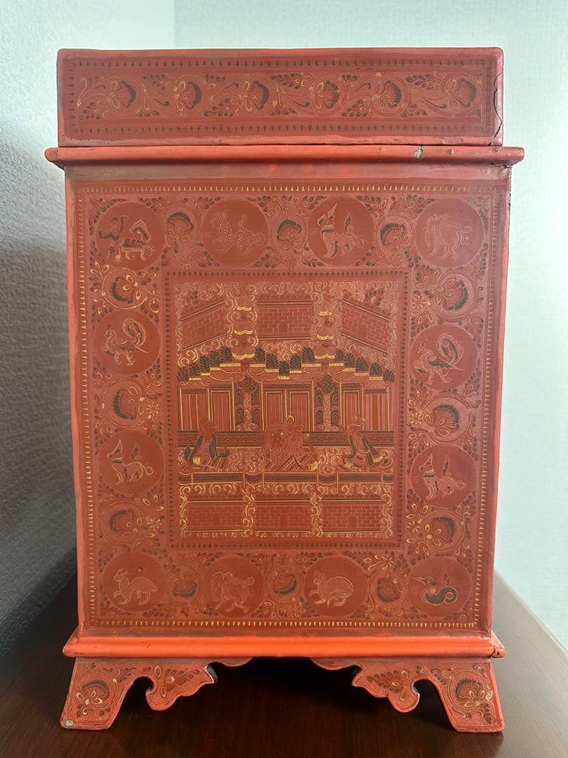 ミャンマー アンティーク 漆器 蒟醤 細密画 収納箱 引き出し 5段 ※31※