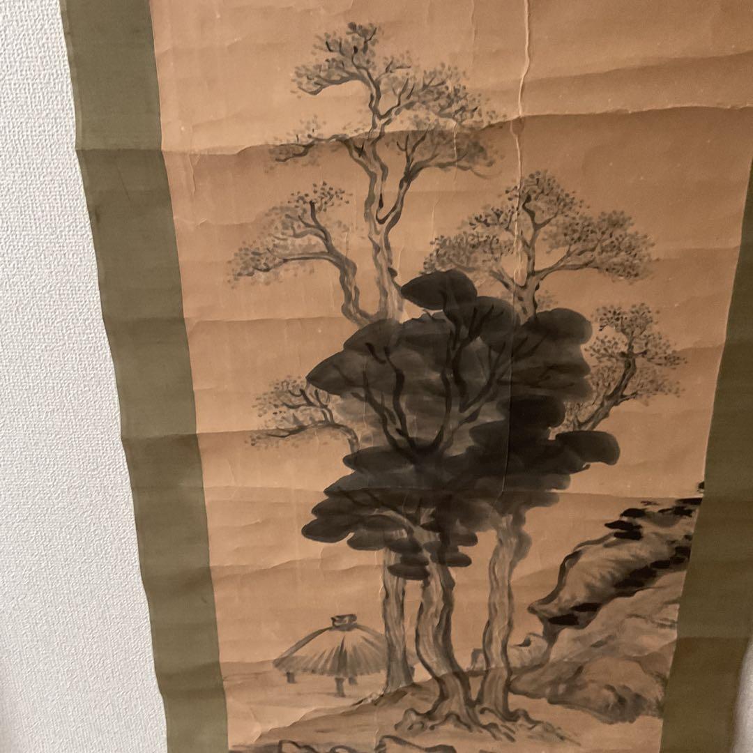 紙本掛け軸 水墨山水画 賛 画【印譜】 賛【落款印譜在】 木軸先 桐合箱