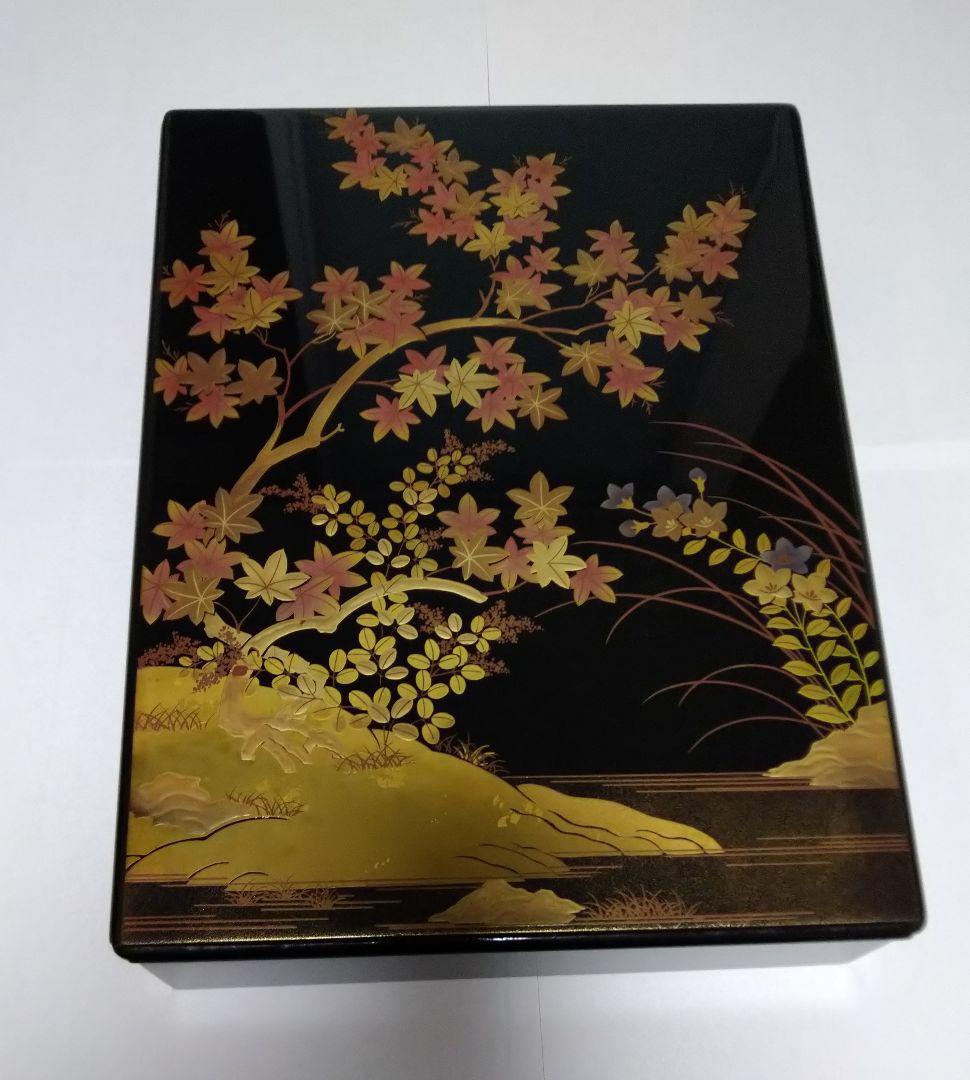 美品！セール　新品未使用　木製漆器 蒔絵文箱 　黒地 に秋草　黒江、中西工芸製