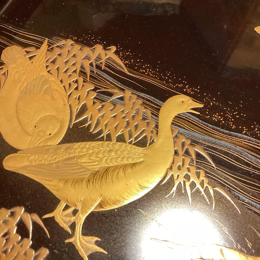 A1020木製輪島塗　水辺に雁　金蒔絵盆　金縁　蒔絵　菓子盆　香盆