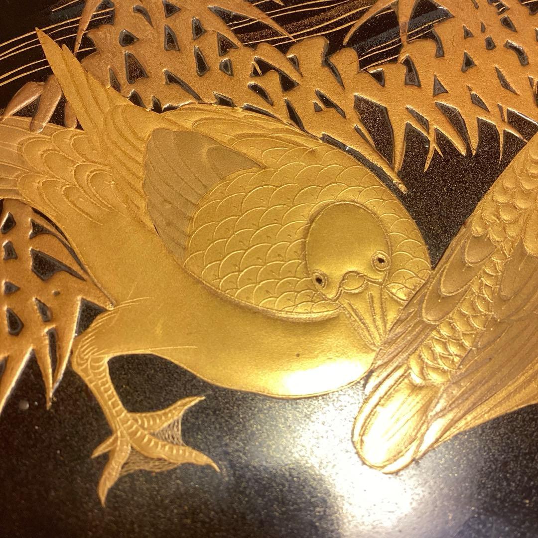 A1020木製輪島塗　水辺に雁　金蒔絵盆　金縁　蒔絵　菓子盆　香盆