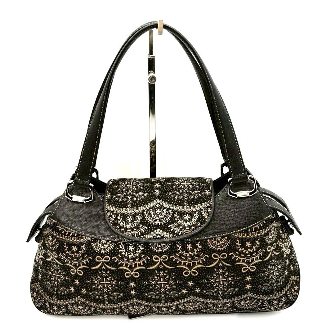 【超美品】印傳屋 PRIDEN プライデン 手提げバッグ 黒×ベージュ 鹿革 漆