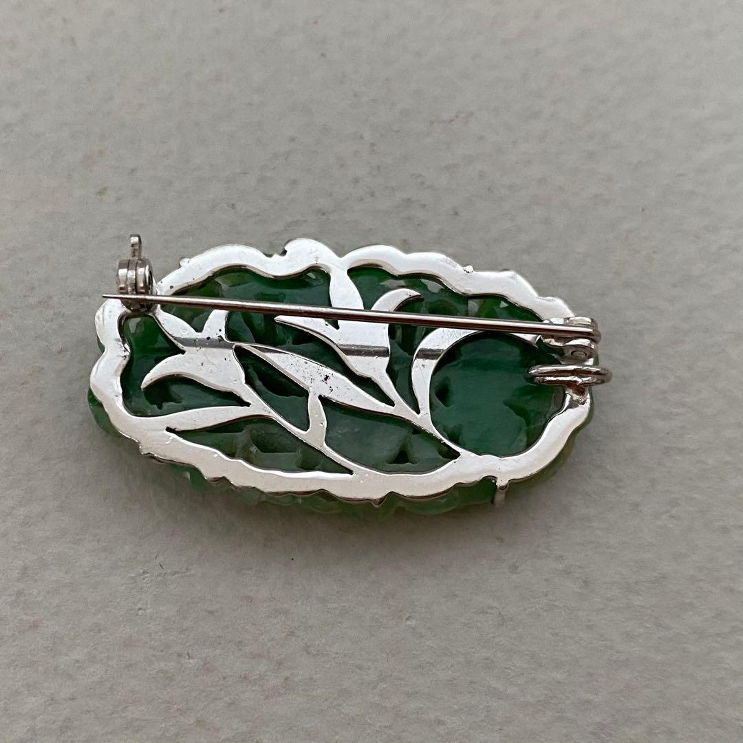 アンティーク翡翠ペンダント兼ブローチ　透かし柄の花鳥図透明感の良いロウカンタイプ