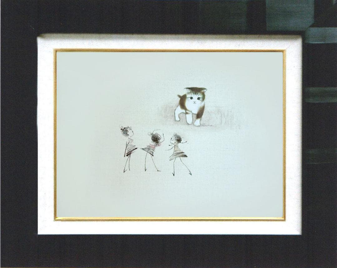 油絵 菅家令子 絵 絵画インテリア額付(青緑＋金色の枠)F4-090218猫女子