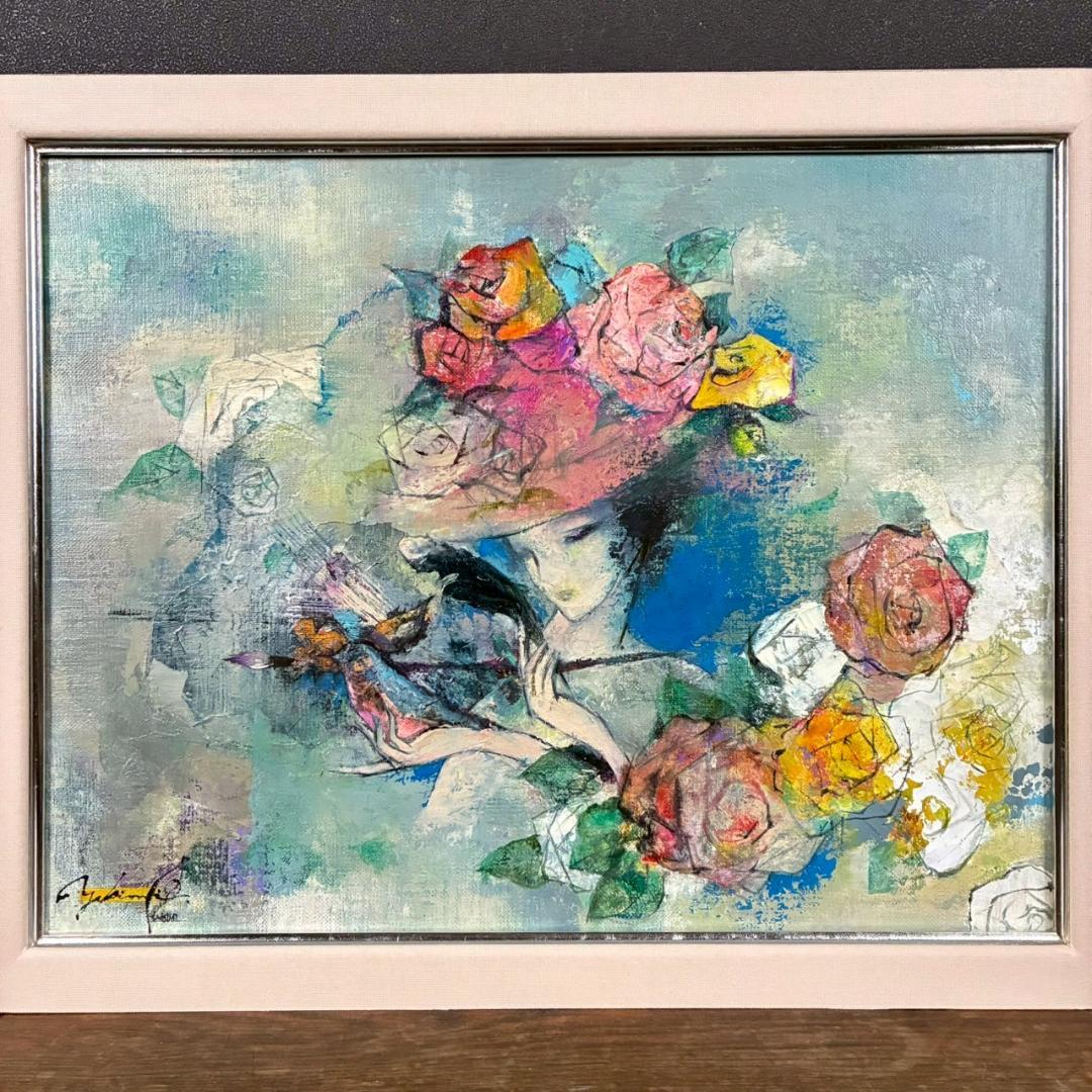 美品 山田幸見「筆と羽根と…」キャンバスに油彩 直筆サイン入 一枚の絵 豪華額装