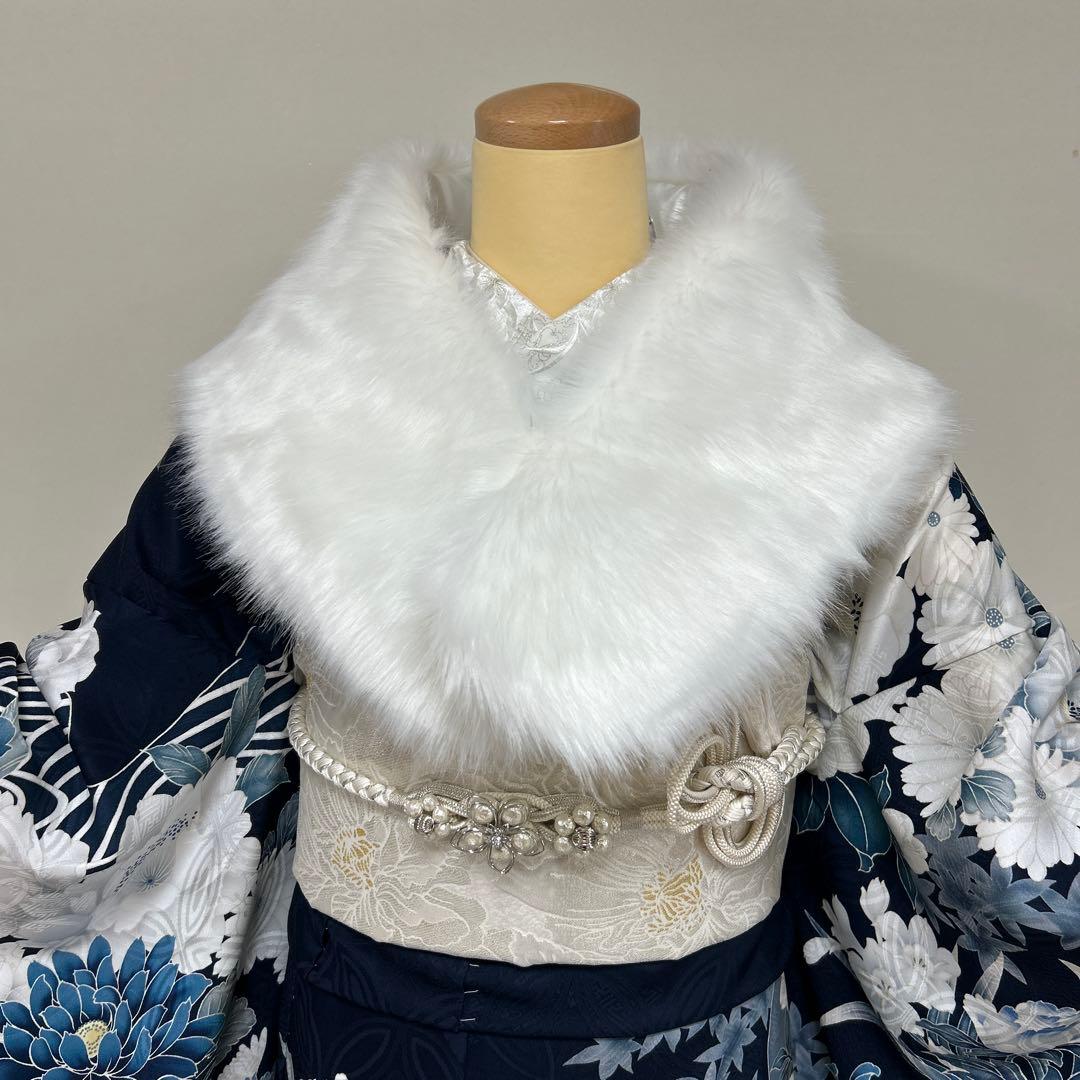 紺地クールな牡丹と菊に流水の振袖フルセット