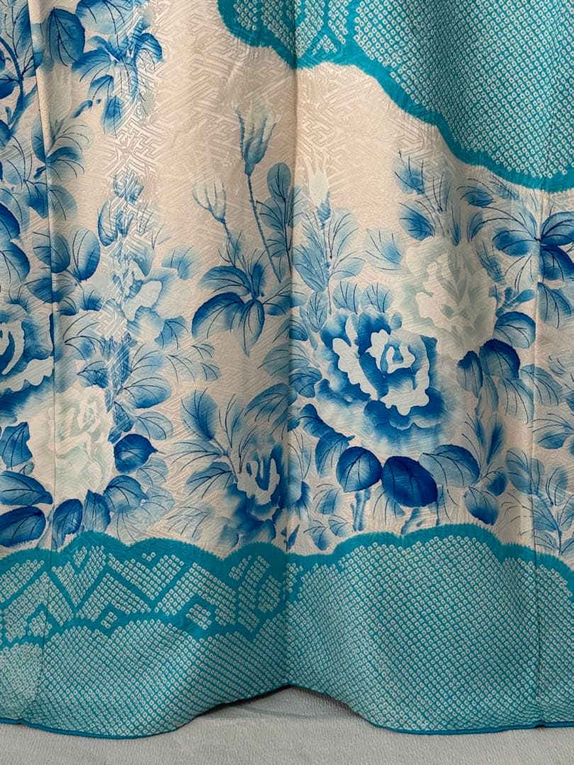 [ヴィンテージ] 振袖　正絹　白　水色　鹿の子絞り　成人式　結婚式　礼装　高身長