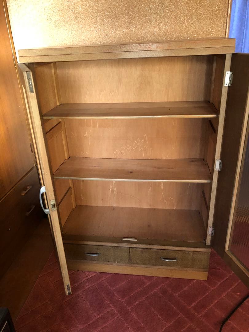 ヴィンテージ 木製キャビネット ガラス扉 引出し付き