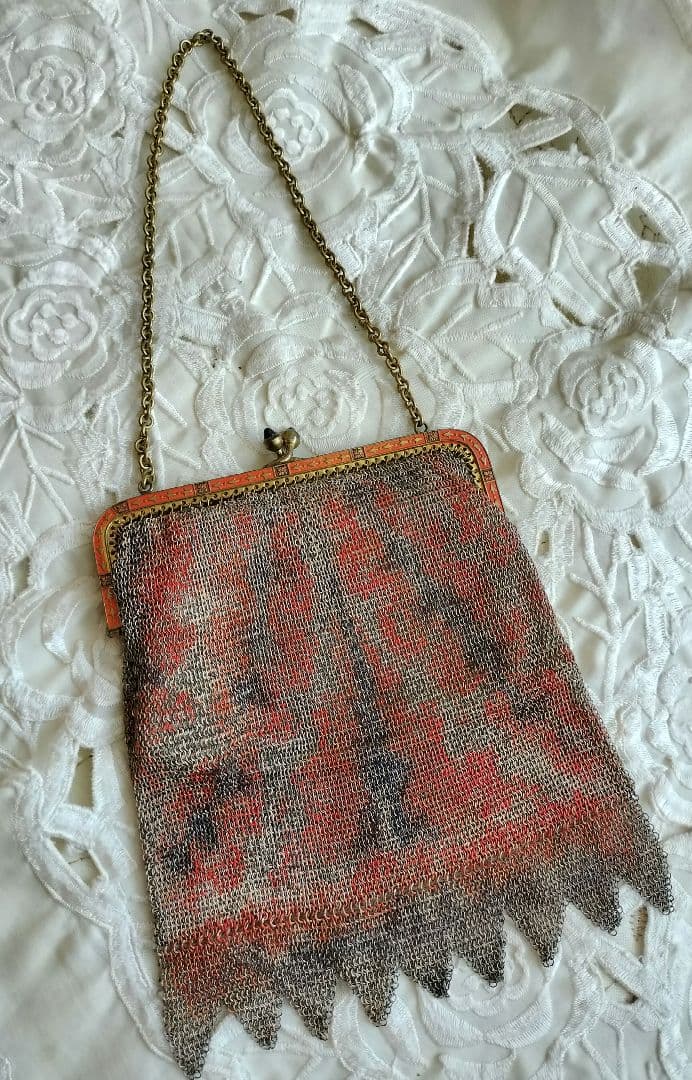 フランス アンティーク メタル メッシュ チェーン付き バッグ