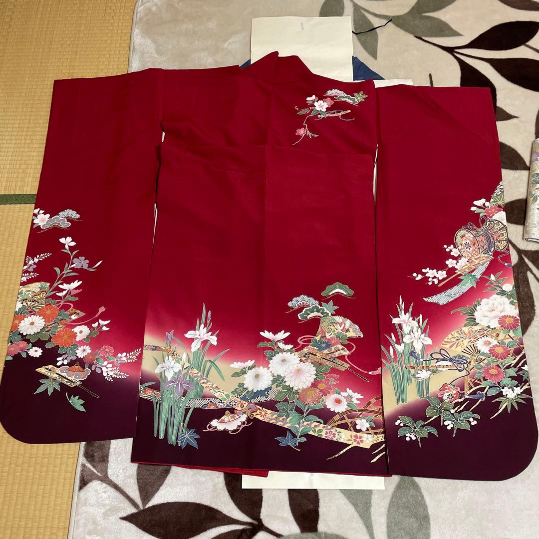 送料値下げ期間↓振袖 赤 花柄 長襦袢　帯付き