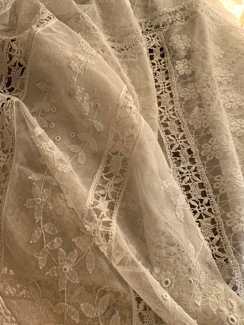 フランスアンティークフローラル刺繍チュールレースデュべカバー古色ホワイトカーテン