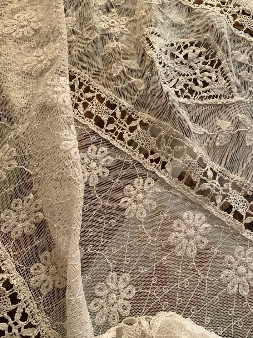 フランスアンティークフローラル刺繍チュールレースデュべカバー古色ホワイトカーテン