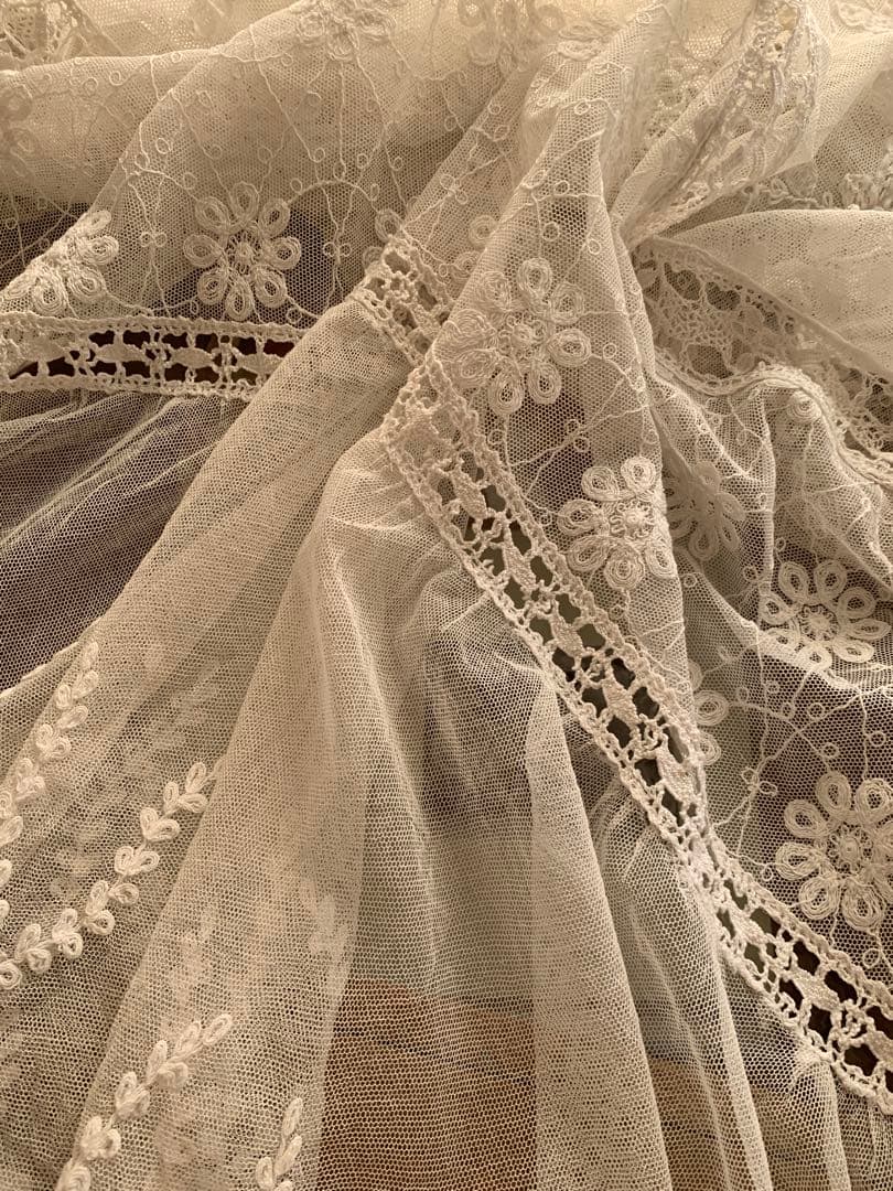 フランスアンティークフローラル刺繍チュールレースデュべカバー古色ホワイトカーテン