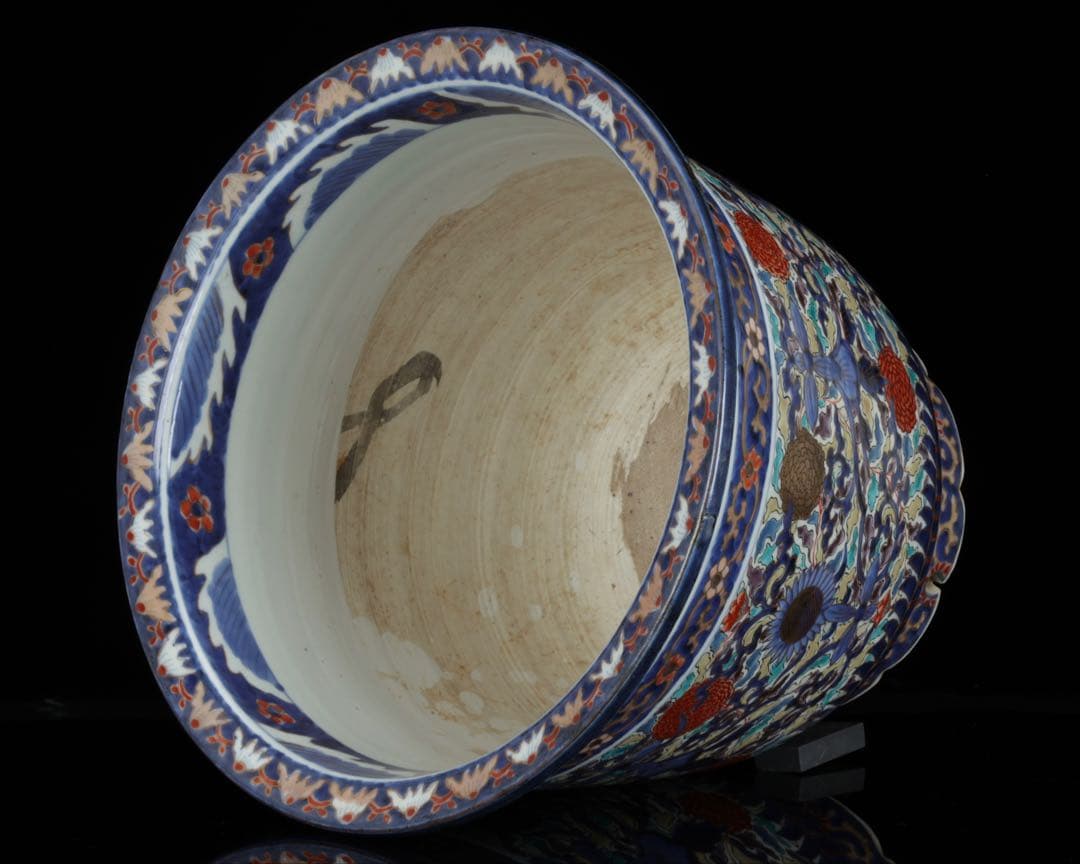 【古伊万里】色絵金彩大鉢 菊牡丹文様 植木鉢 蘭鉢 盆栽鉢 火鉢 骨董 古美術