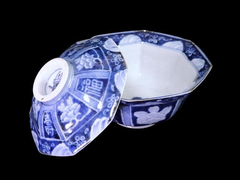 古伊万里　染付　牡丹に福寿の図　八角大振蓋茶碗　N096AS-DBx