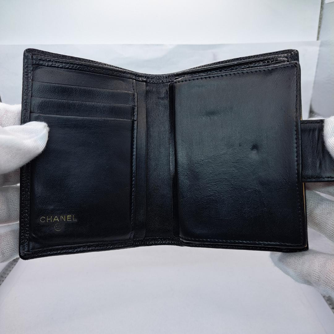 CHANEL　ワイルドステッチ　ブラック　二つ折り財布　折り財布　キャビアスキン