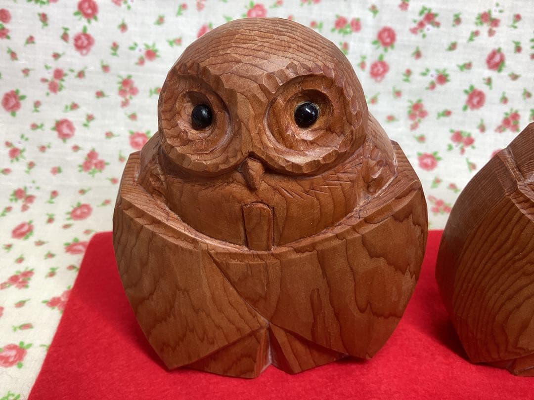 【未使用】フクロウ　木彫り　置物　一刀彫　イチイ　木製　雛人形　ふくろう　日本製