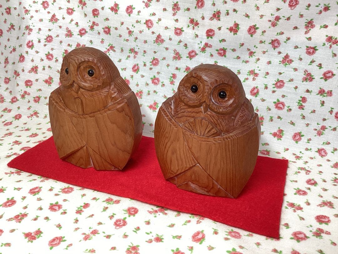 【未使用】フクロウ　木彫り　置物　一刀彫　イチイ　木製　雛人形　ふくろう　日本製