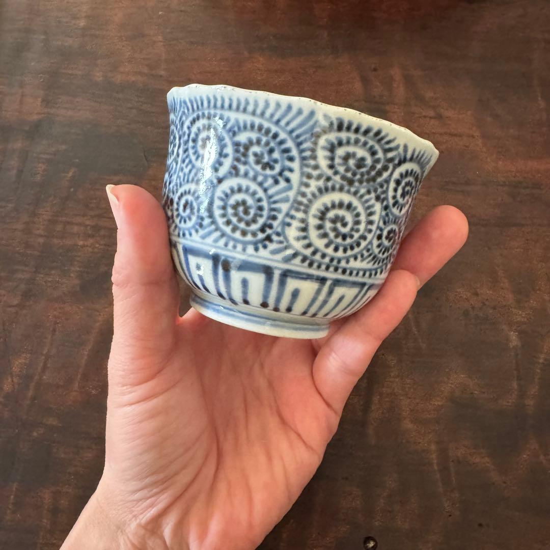 【蔵出し】古伊万里　染付　蛸　唐草　覗き　小猪口　江戸　向付　猪口　渦福　角福