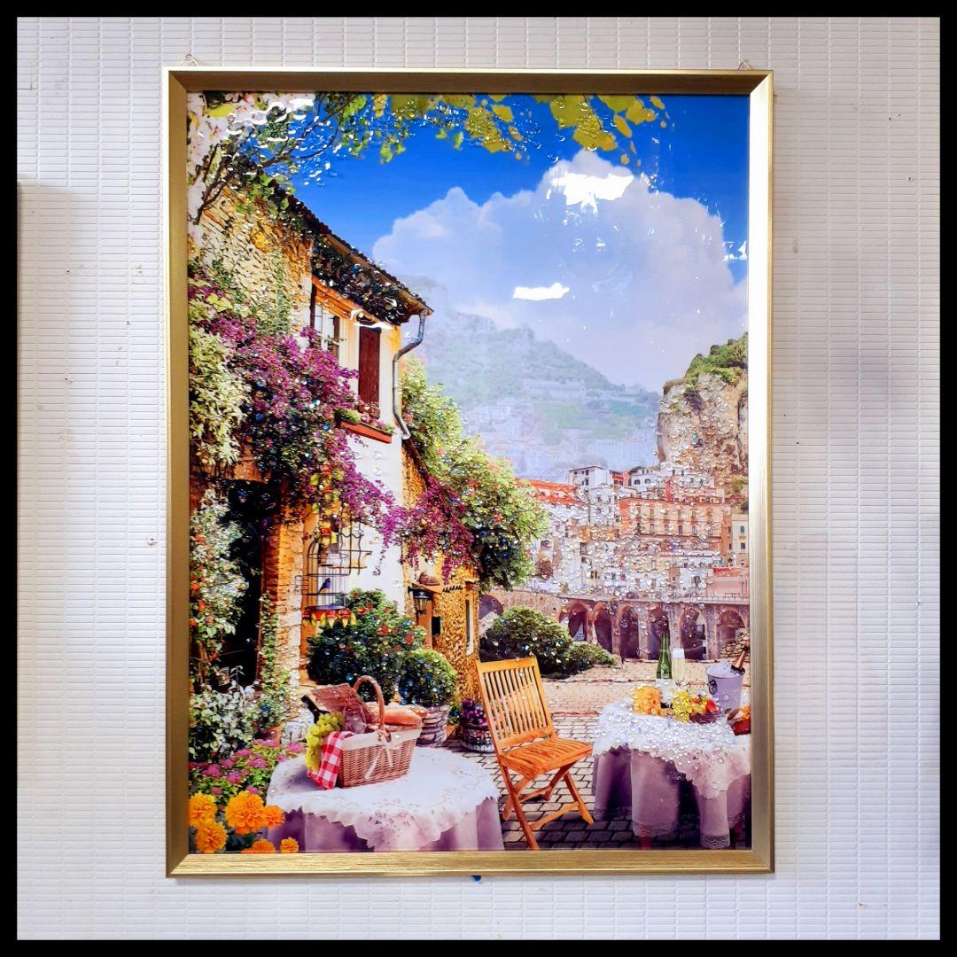 輸入雑貨　天然水晶石　『中世の村』　クリスタルアート　ゴールドフレーム