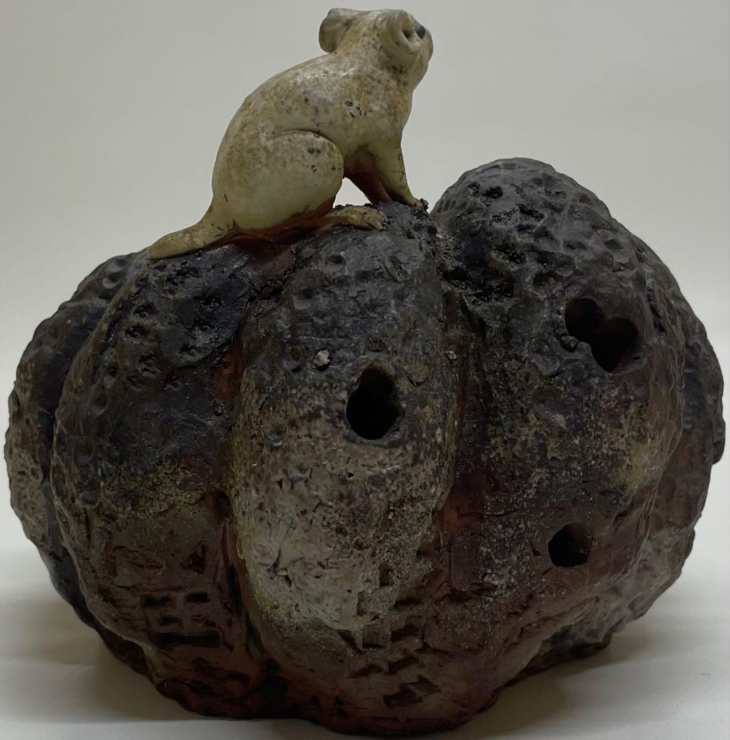 木村玉舟　備前焼　白備前南瓜　鼠　細工物　 共箱　 　　　k2331