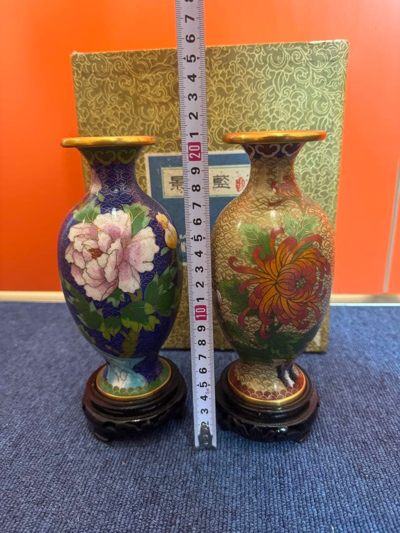 1571  景泰藍　花瓶2客　花台2客付き　骨董　時代物