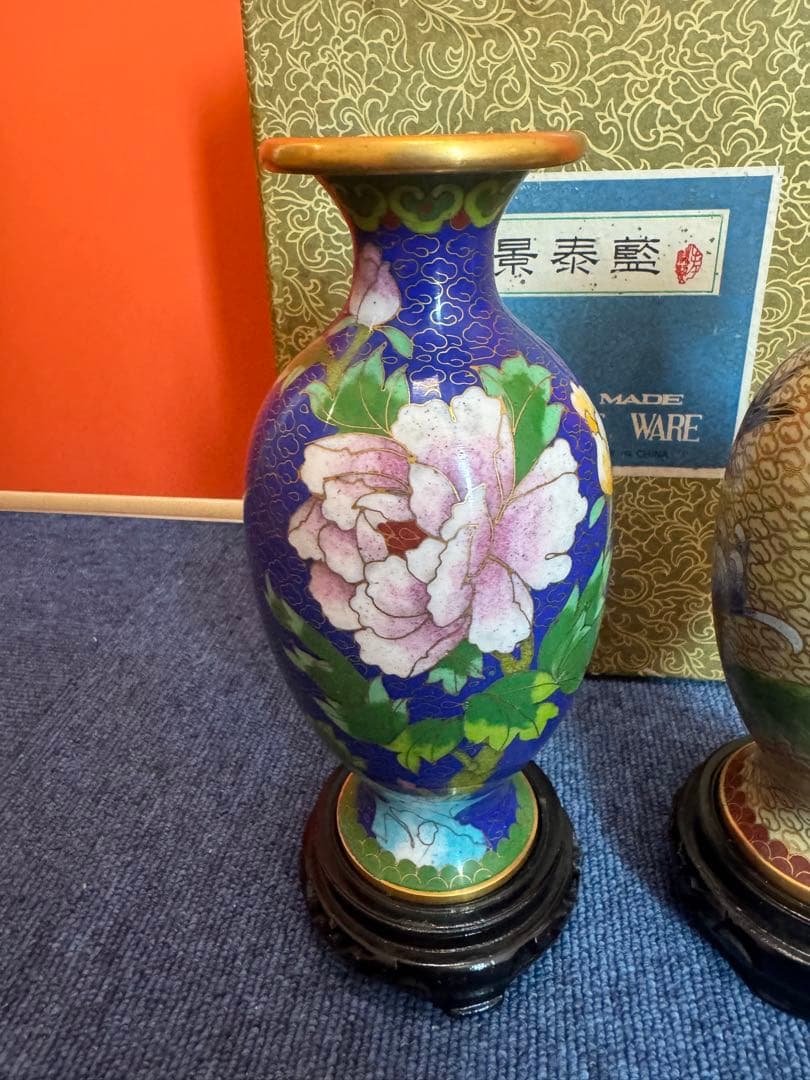 1571  景泰藍　花瓶2客　花台2客付き　骨董　時代物