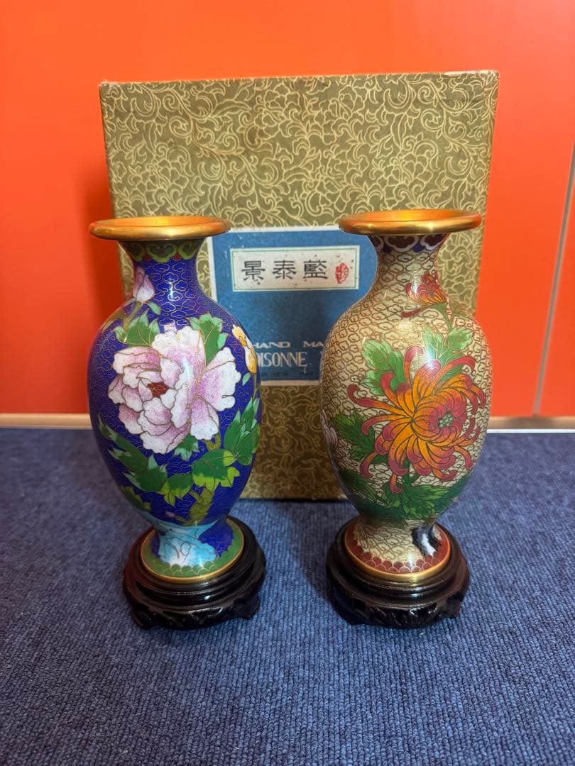 1571  景泰藍　花瓶2客　花台2客付き　骨董　時代物