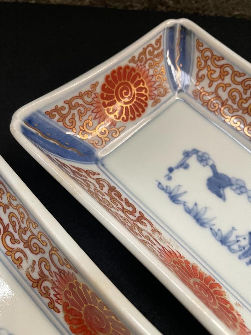 さち 富貴長春 古伊万里 染付 金彩 色絵 骨董 長皿 蛸唐草紋 4客